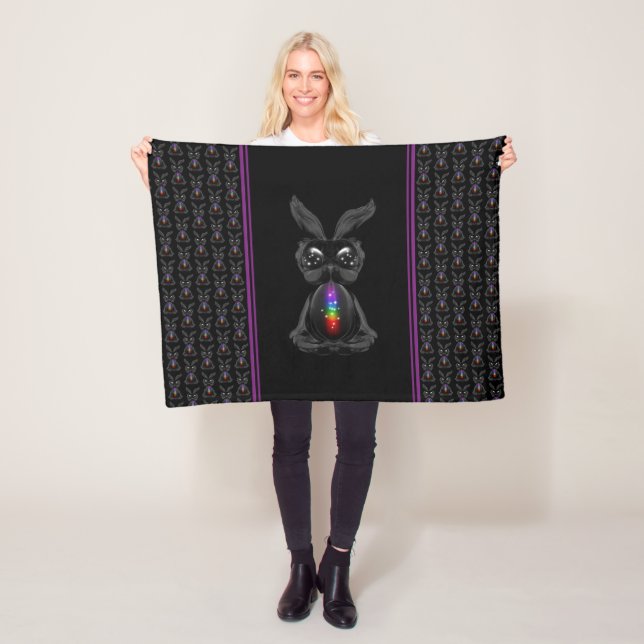 Cute Black Rabbit with Chakra Rainbow Soul Fleece Blanket (In Situ)