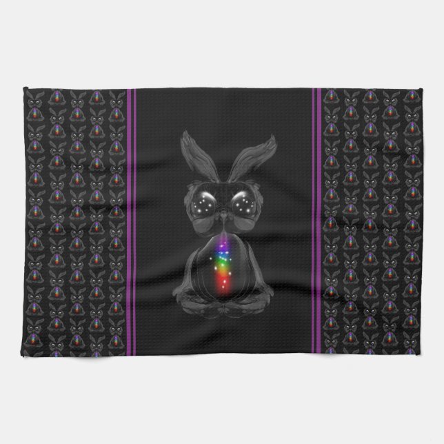 Cute Black Rabbit with Chakra Rainbow Soul Kitchen Towel (Horizontal)