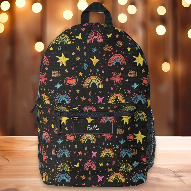 Cute Black Rainbow & Star Print Name Printed Backpack (Creator Uploaded)