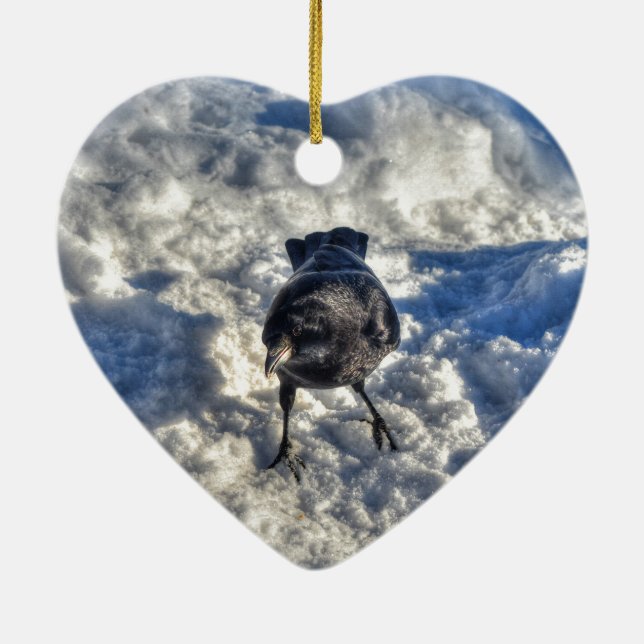 Cute Black Raven in the Snow Photo Ceramic Ornament (Back)