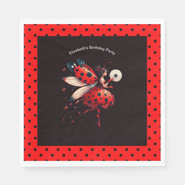 Cute Black & Red Ladybug Fairy Birthday Party  Napkin (Front)