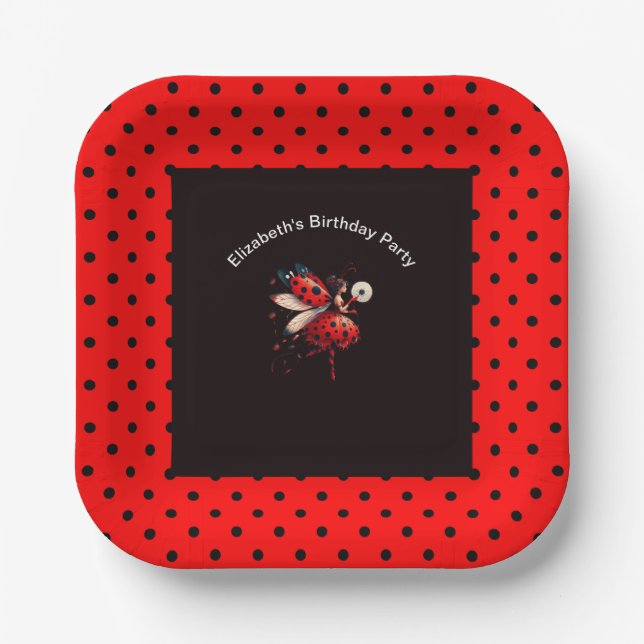 Cute Black & Red Ladybug Fairy Birthday Party  Paper Plate (Front)