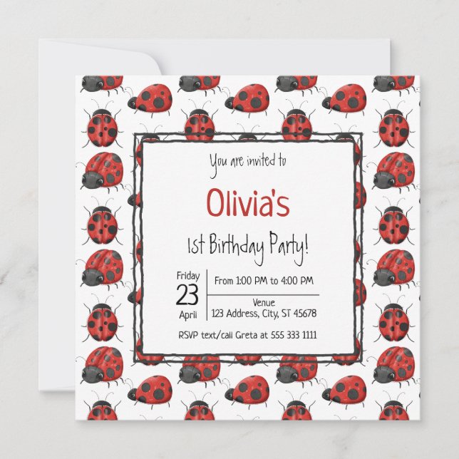 Cute Black Red Ladybug Pattern 1st Birthday Party Invitation (Front)