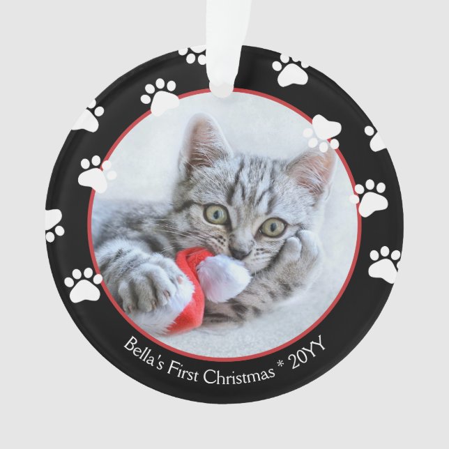 Cute Black & Red Pawprints Cat First Christmas Ornament (Front)