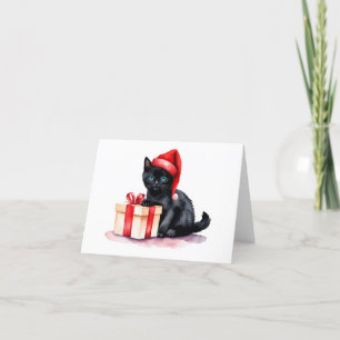 Cute Black Santa Kitten with Gift BLANK Holiday Card
