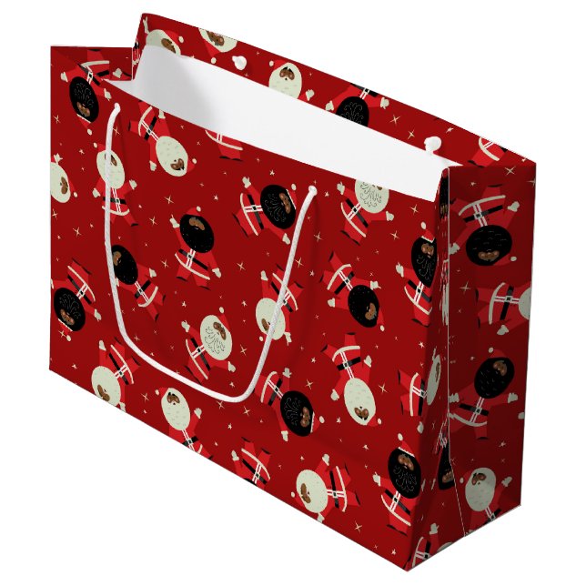 Cute Black Santa Party Pattern on Red Background Large Gift Bag (Front Angled)