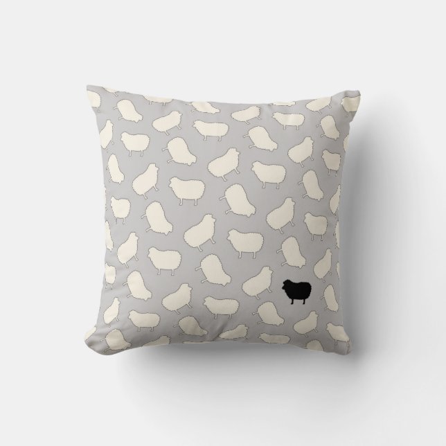 Cute Black Sheep Pattern in Cream on Grey Throw Pillow (Front)