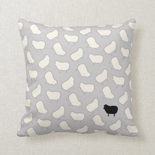 Cute Black Sheep Pattern in Cream on Grey Throw Pillow