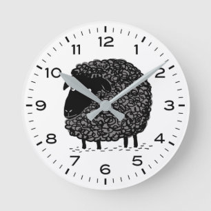 Cute Black Sheep with Hours and Minutes Round Clock
