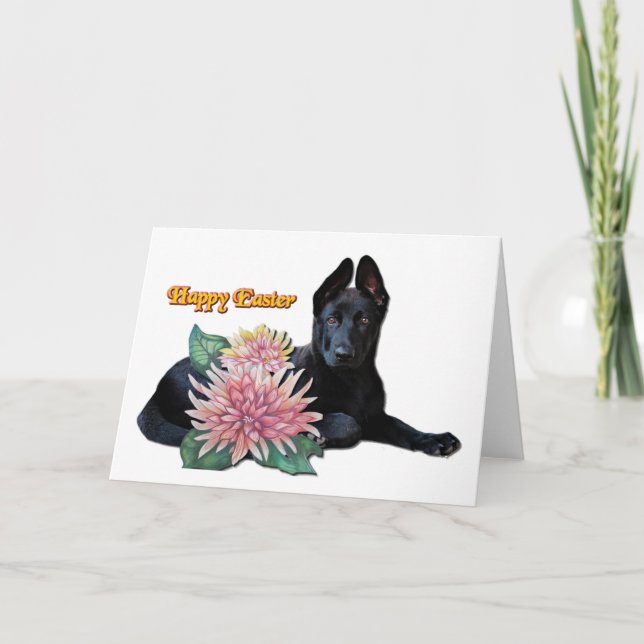 Cute Black Shepherd Pup Mum Flowers Easter Card (Front)