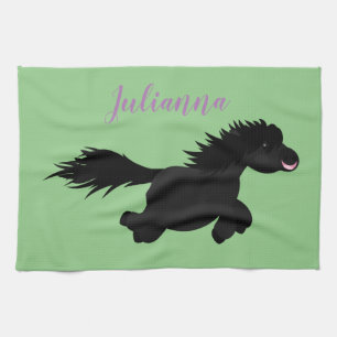 Cute black shetland pony cartoon illustration kitchen towel