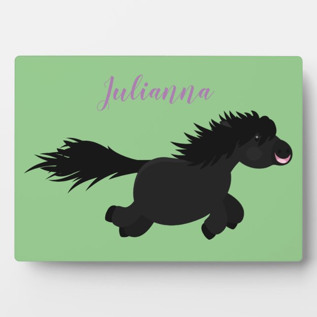 Cute black shetland pony cartoon illustration plaque (Front)