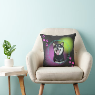 Cute black shiba inu smile throw pillow
