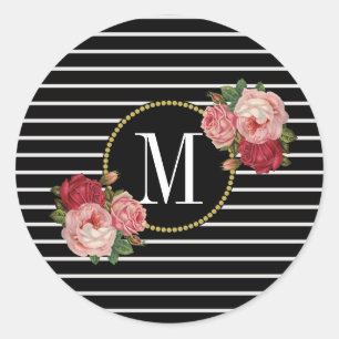 Cute Black Striped Modern Floral Gold Monogram Classic Round Sticker