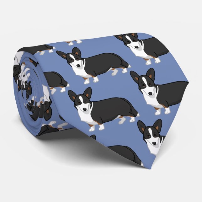 Cute Black Tan Cardigan Welsh Corgi Dog Lovers Tie (Rolled)