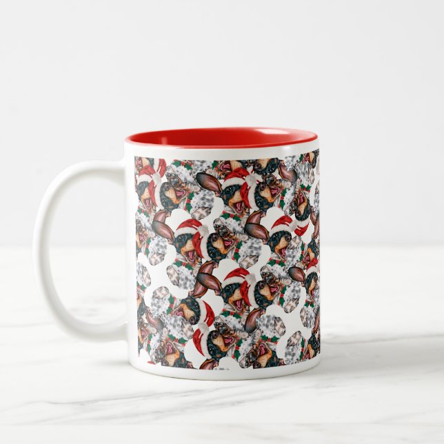 Cute Black Tan Dachshund Puppy Christmas Pattern Two-Tone Coffee Mug (Left)