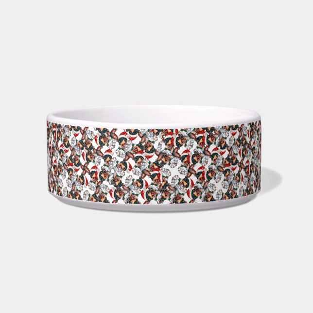 Cute Black Tan Dachshund Puppy Name Christmas Patt Bowl (Left)