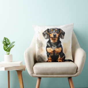 CUTE BLACK & TAN SHORT HAIRED DACHSHUND PUPPY DOG THROW PILLOW