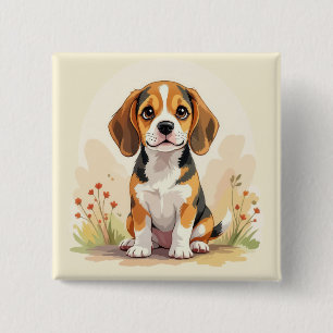 Cute Black Tan & White Tricolor Beagle Puppy 2 Inch Square Button