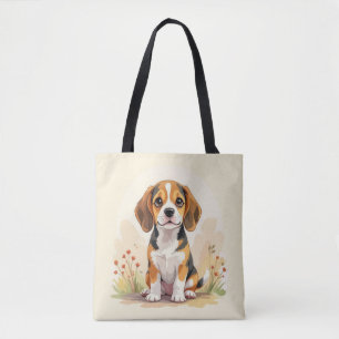 Cute Black Tan & White Tricolor Beagle Puppy Tote Bag