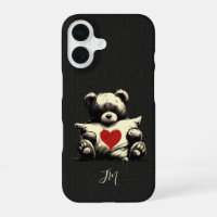 Cute Black Teddy Bear Hug Pillow Heart Monogram