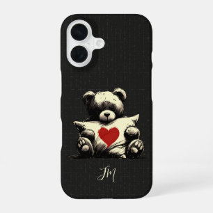 Cute Black Teddy Bear Hug Pillow Heart Monogram iPhone 16 Case