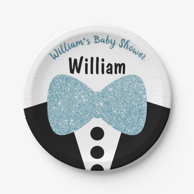 Cute Black Tuxedo Blue Glitter Bow Tie Baby Shower Paper Plate (Front)