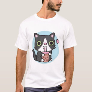 Cute Black Tuxedo Cat Loves Drinking Bubble Tea T-Shirt