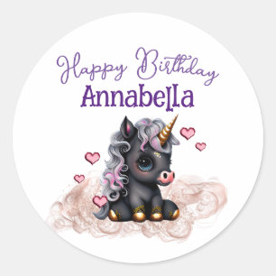 Cute Black Unicorn Baby and Hearts Classic Round Sticker