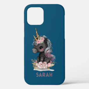Cute Black Unicorn with Flowers Watercolor Unicorn iPhone 12 Case