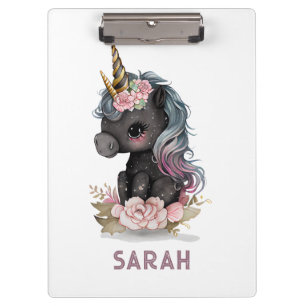 Cute Black Unicorn with Flowers Watercolor Unicorn Clipboard