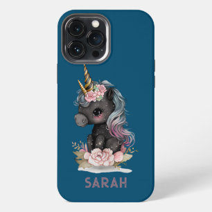Cute Black Unicorn with Flowers Watercolor Unicorn iPhone 13 Pro Max Case