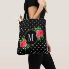 Cute Black Watercolor Red Flowers Dots Monogram