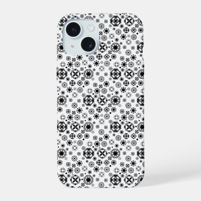 Cute black white arabesque decorative pattern iPhone 15 case (Back)
