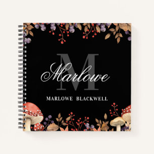 Cute Black White Autumn Monogram Script Notebook
