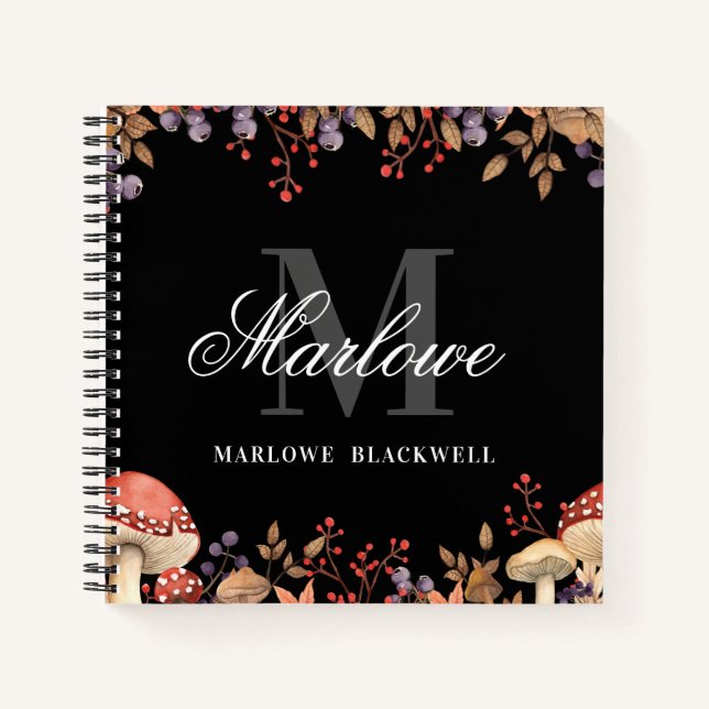 Cute Black White Autumn Monogram Script Notebook (Front)