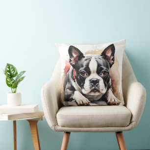 CUTE BLACK & WHITE BOSTON TERRIER PUPPY DOG THROW PILLOW