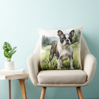 CUTE BLACK & WHITE BOSTON TERRIER PUPPY DOG THROW PILLOW