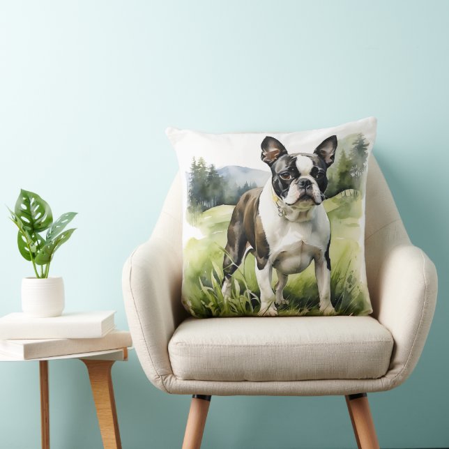 CUTE BLACK & WHITE BOSTON TERRIER PUPPY DOG THROW PILLOW (Chair)