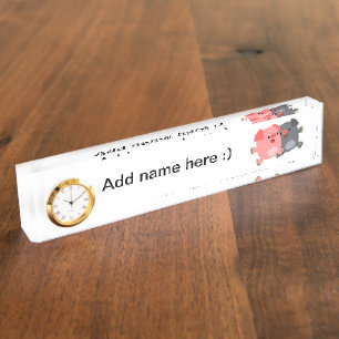 Cute Black&White Cartoon Pigs Clock Desk Nameplate