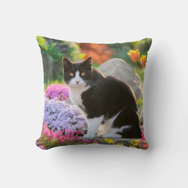 Cute Black White Cat in a Colourful Flowery Garden Throw Pillow (Front)