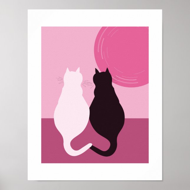 Cute Black & White Cat Pair At Pink Sunset Poster (Front)