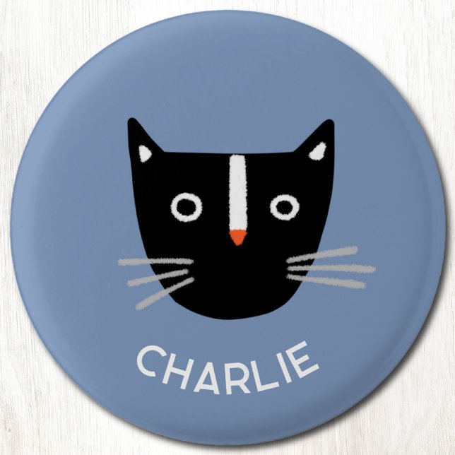 Cute Black White Cat Personalized Name 1 Inch Round Button (Fun black and white tuxedo cat personalized name button)