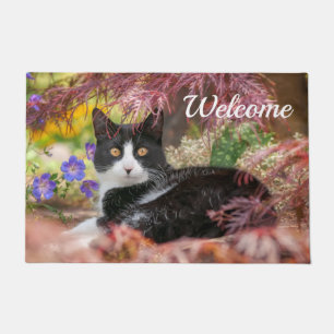 Cute Black-White Cat Resting under a Maple Tree -  Doormat