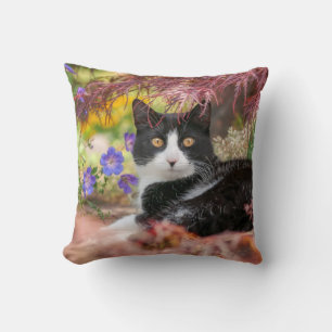 Cute Black-White Cat Resting under a Maple Tree - Throw Pillow