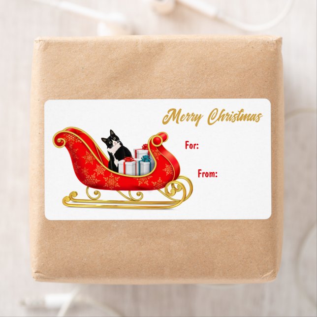 Cute Black White Cat Sleigh Gift Tag (Insitu)