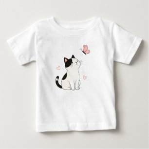 Cute Black & White Cat with Pink Butterfly  Baby T-Shirt