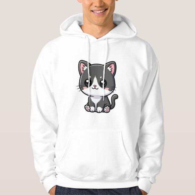 Cute Black White Chibi Kitten Hoodie (Front)