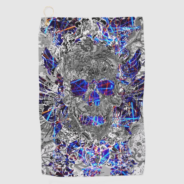 Cute black white colourful neon skull license plat golf towel (Front)