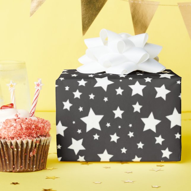 Cute Black & White Cosmic Stars Pattern Wrapping Paper (Birthday Party)